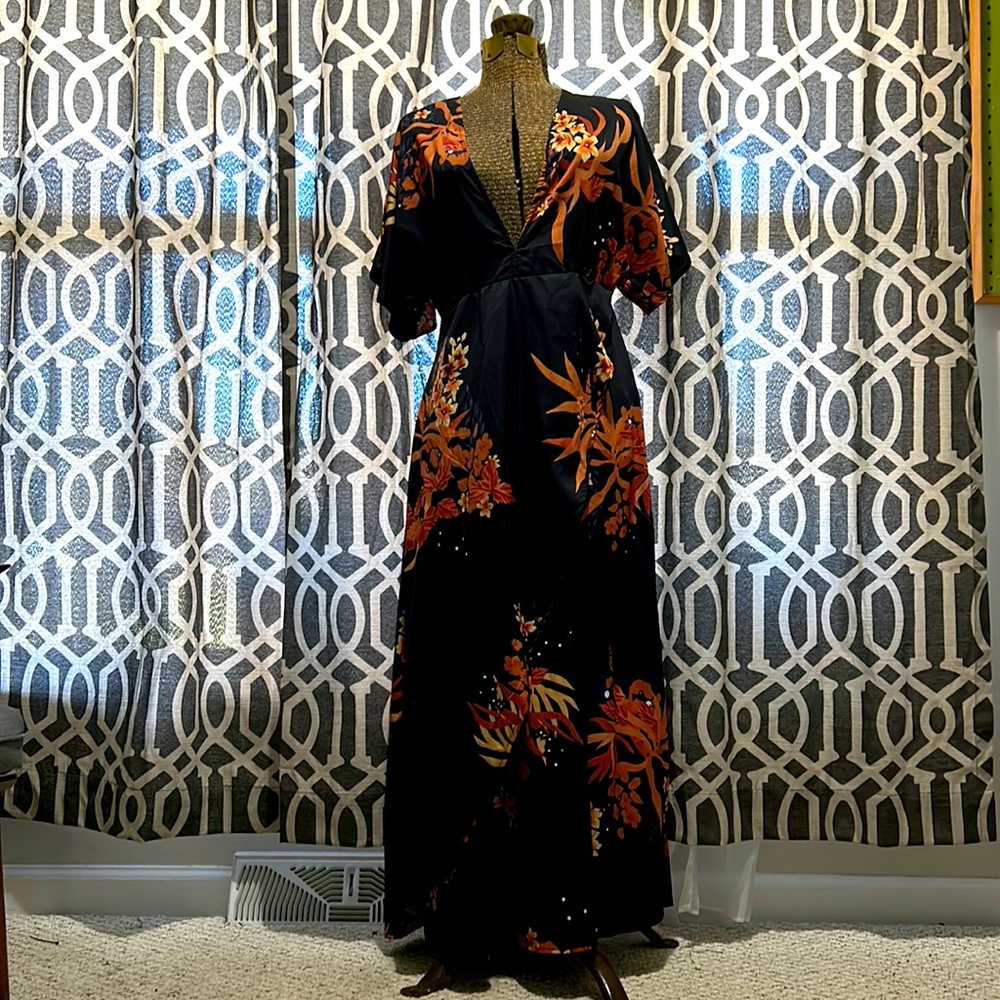 Long black floral print dress